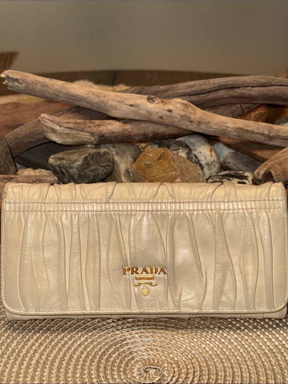 Prada Cream Ruched Leather Wallet with Gold Logo